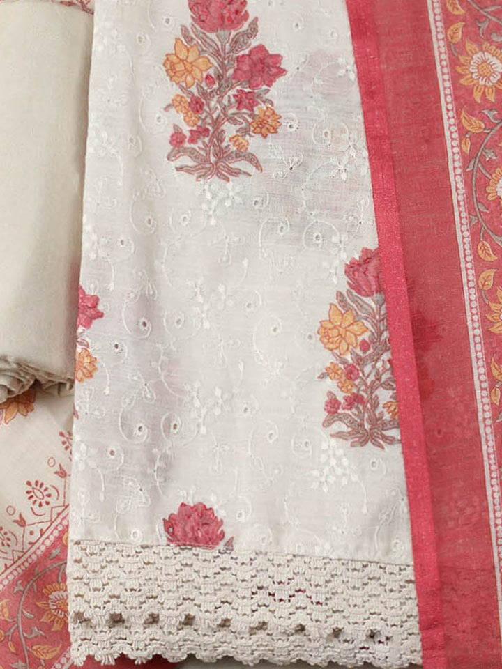 Embroidered Cotton Blend Unstitched Suit With Pant &amp; Dupatta