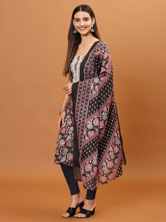 Neck Embroidery & Printed Cotton Unstitched Suit Piece With Dupatta