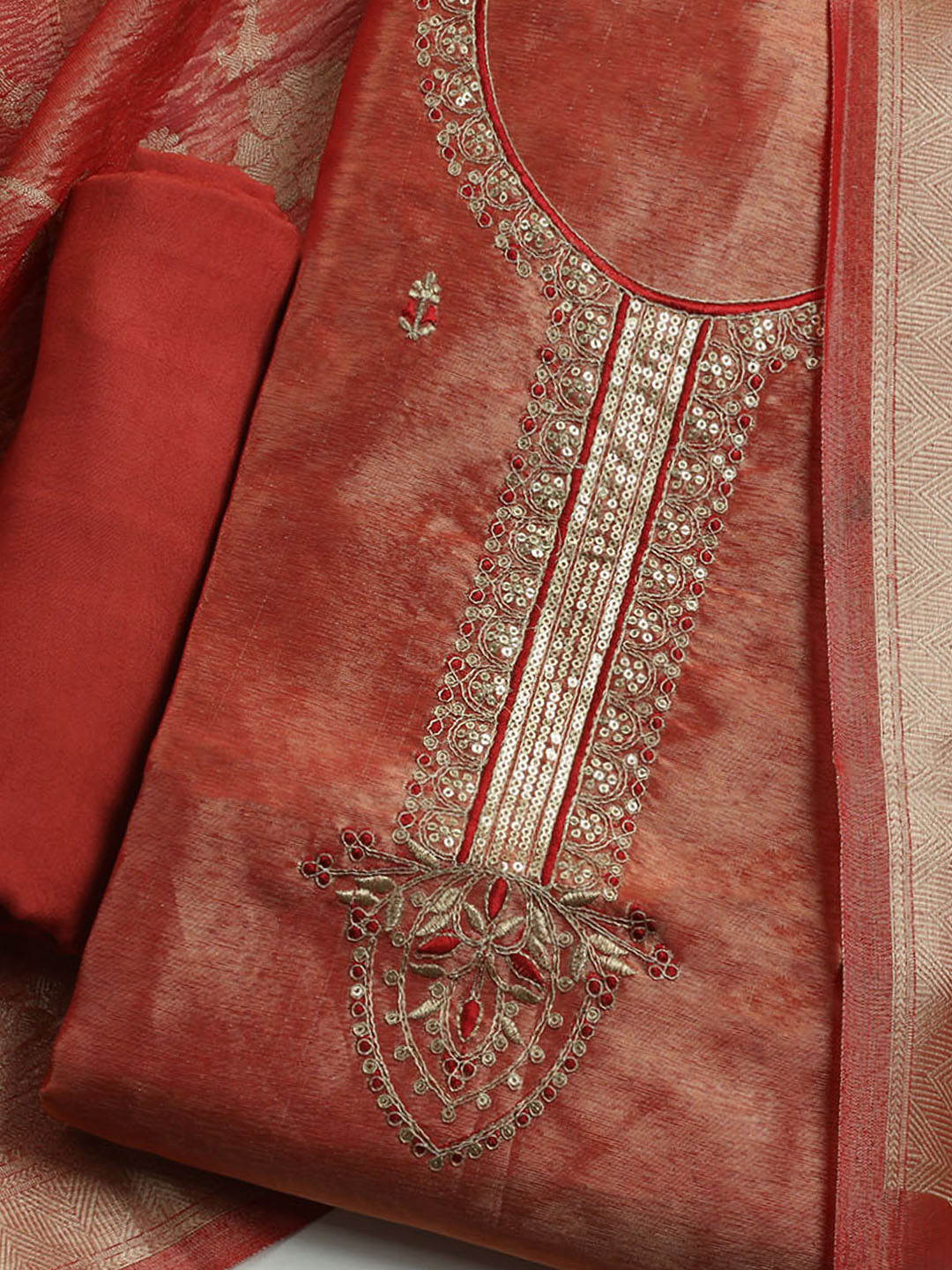 Embroidered Tissue Unstitched Kurta With Pant & Dupatta