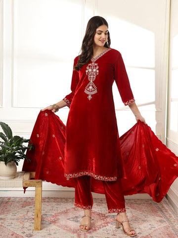 Zari Neck Embroidered Velvet Kurta With Pants & Dupatta