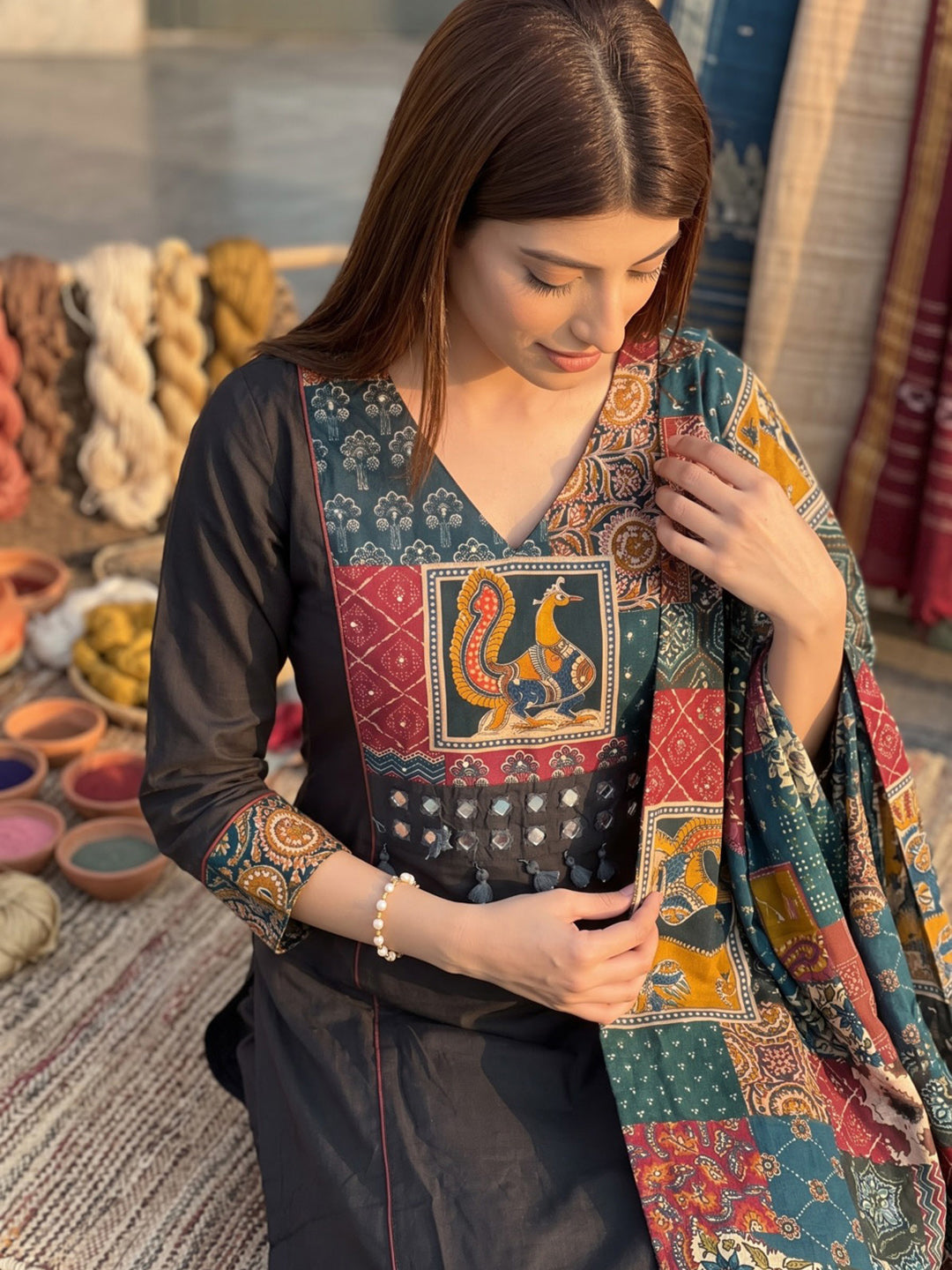 Black Printed Cotton Blend Kurta With Pant &amp; Dupatta