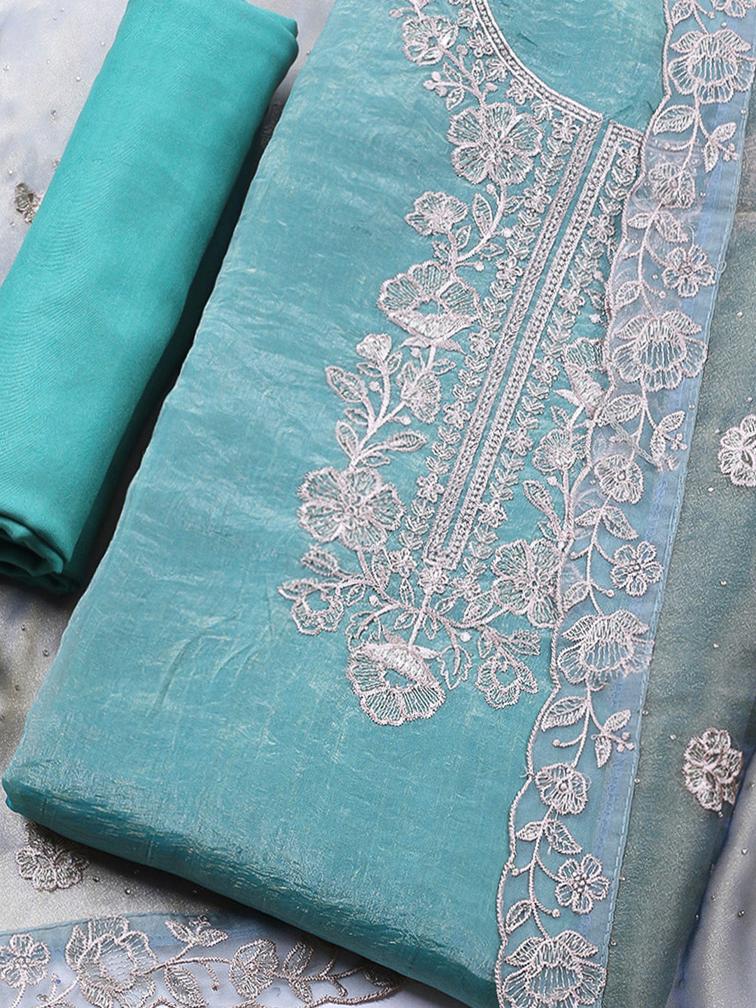 Embroidered Tissue Unstitched Suit With Pant &amp; Dupatta