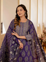 Printed Cotton Blend Kurta With Pants & Dupatta