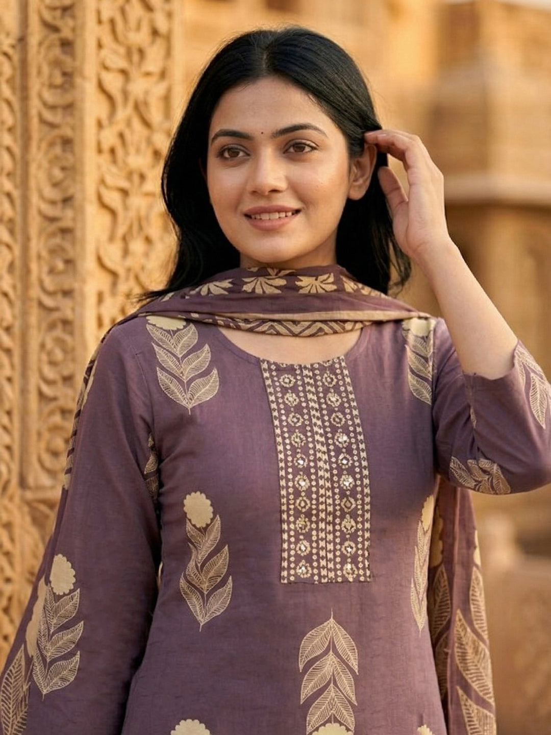 Purple Embroidered Cotton Blend Straight Suit Set With Dupatta