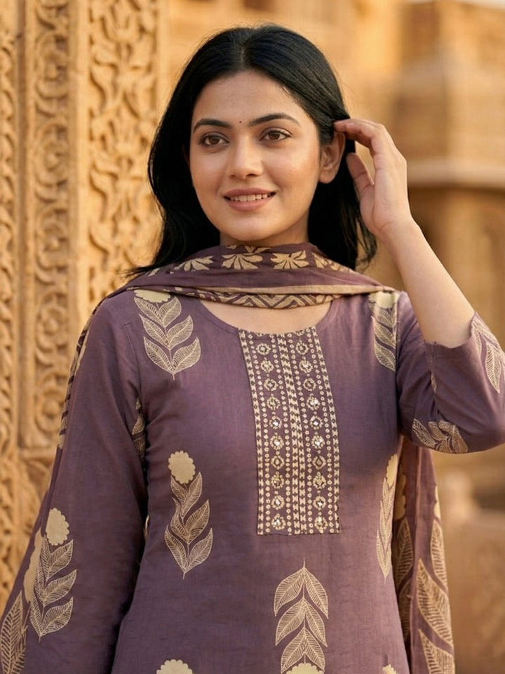 Purple Embroidered Cotton Blend Straight Suit Set With Dupatta