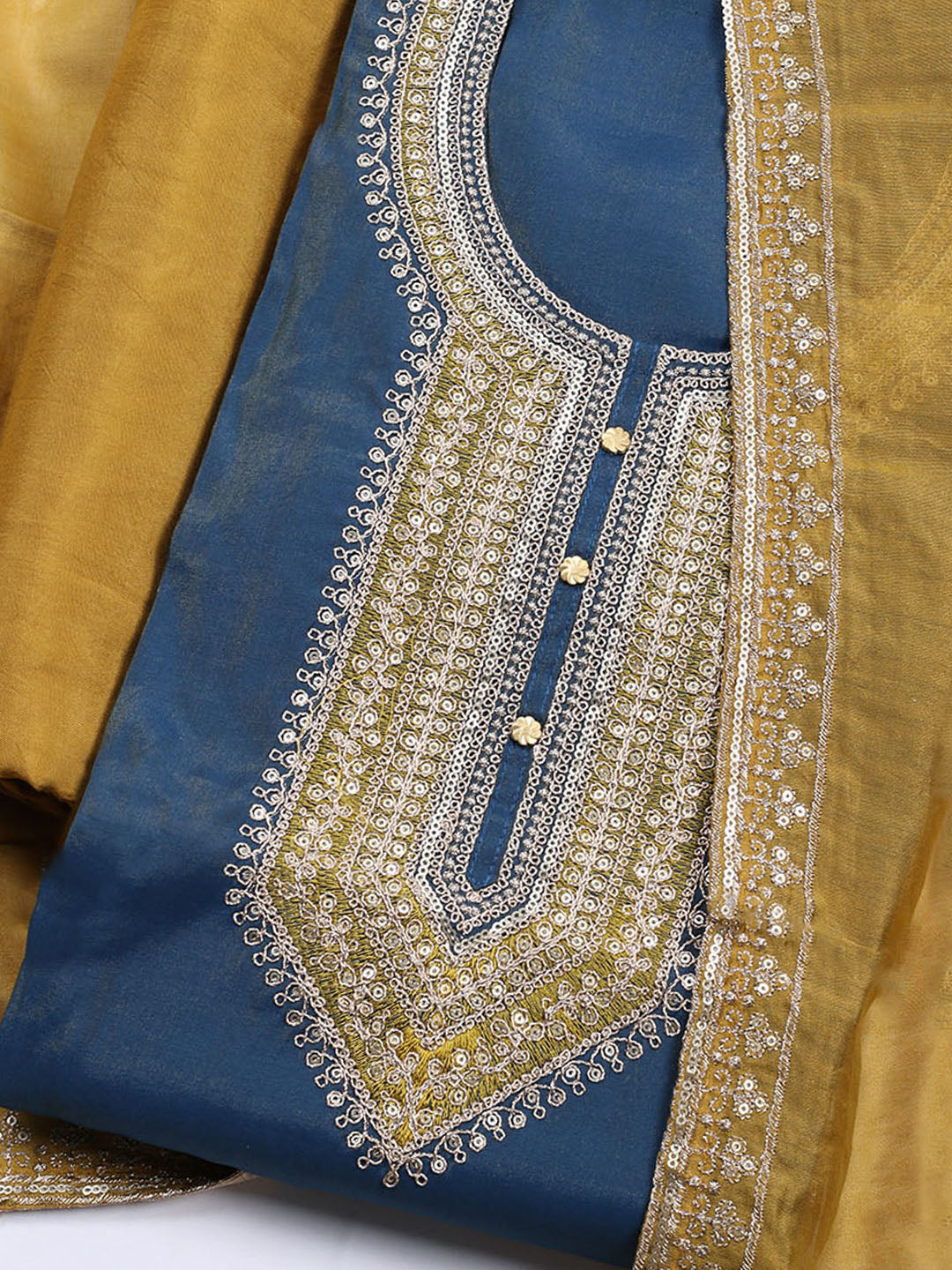 Neck Embroidered Chanderi Unstitched Suit With Dupatta