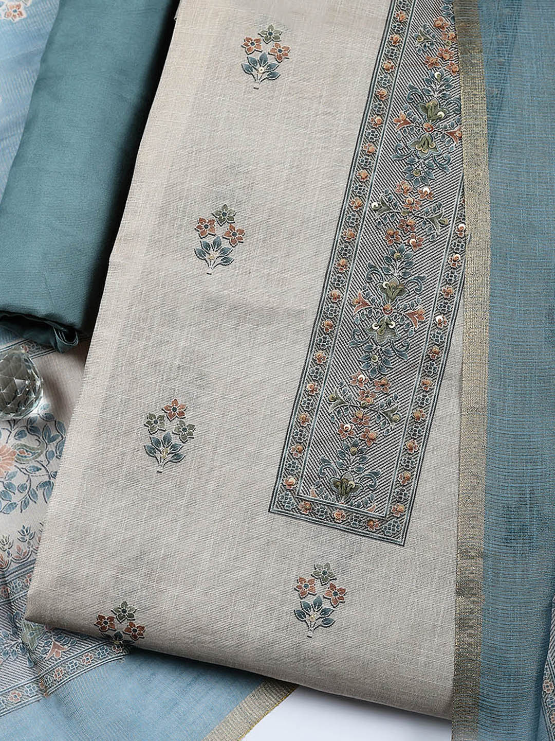 Embroidered Tissue Unstitched Suit With Pant &amp; Dupatta