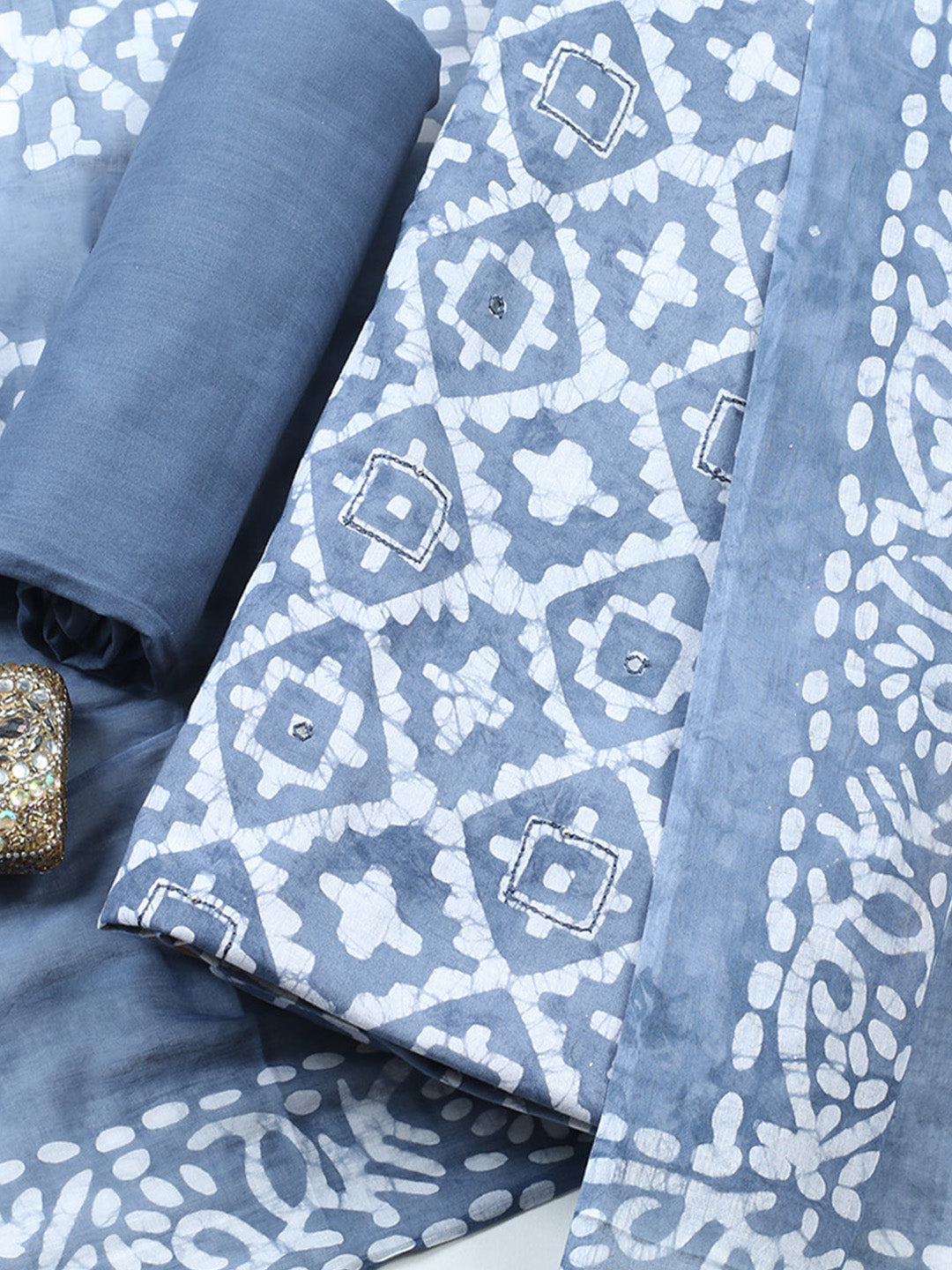 Printed Cotton Blend Unstitched Suit With Pant &amp; Dupatta