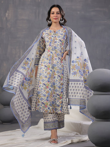 Floral Print Cotton Kurta With Pants & Dupatta