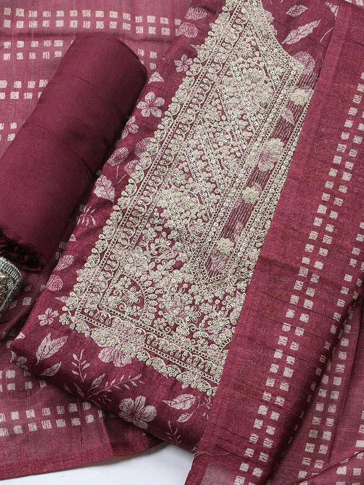 Embroidered Cotton Blend Unstitched Suit With Pant &amp; Dupatta