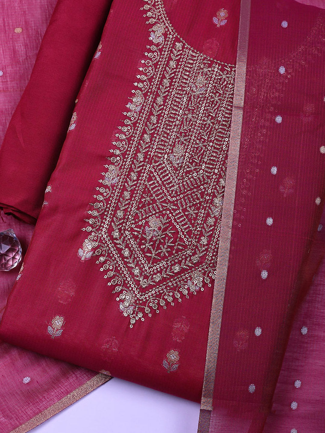 Embroidered Chanderi Unstitched Suit With Pant &amp; Dupatta