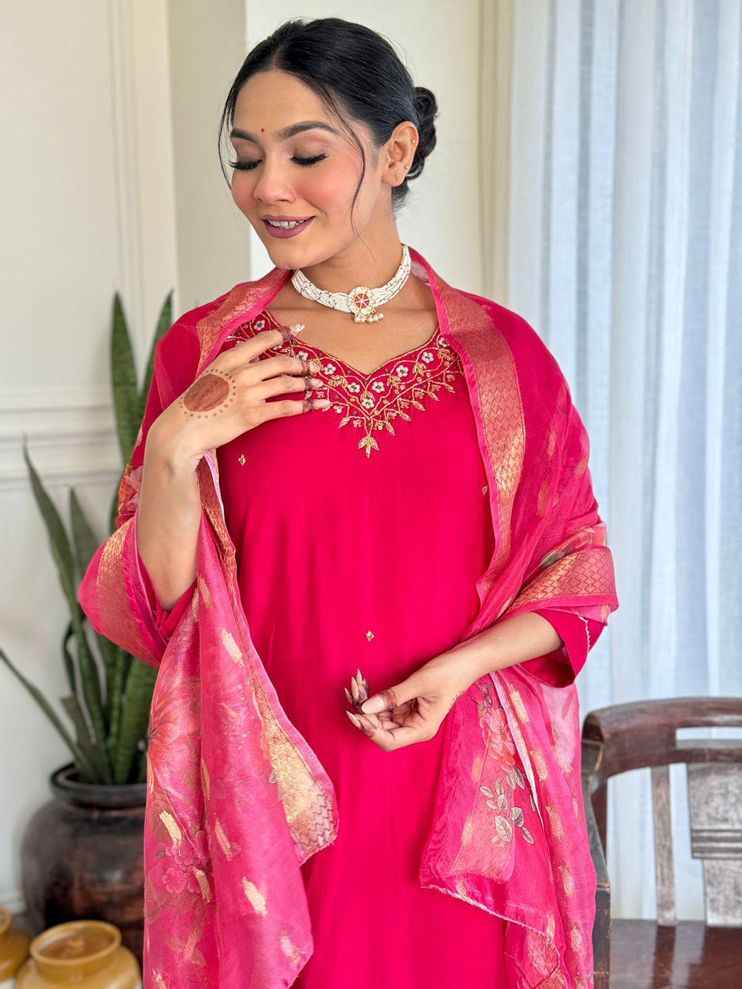 Neck Embroidery Cotton Blend Kurta With Pants &amp; Dupatta