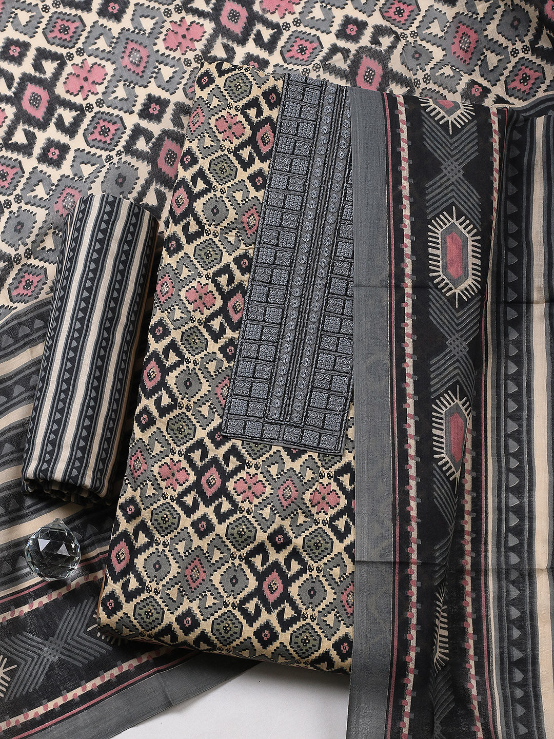 Printed Cotton Blend Unstitched Suit With Pant &amp; Dupatta