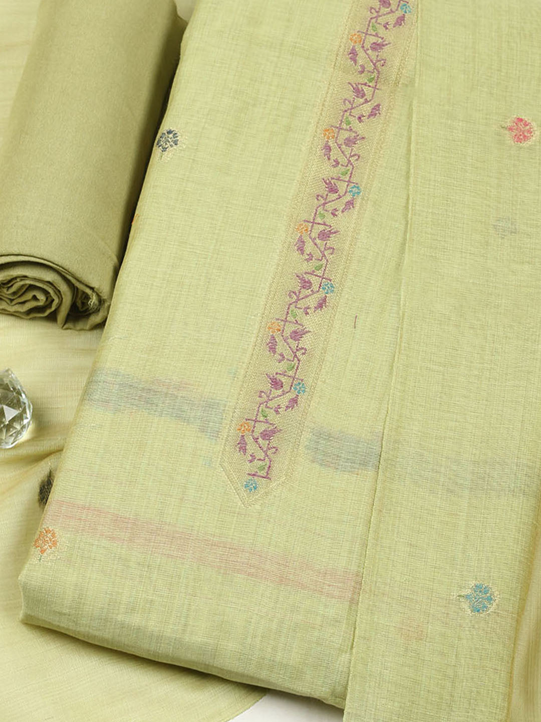 Embroidered Chanderi Unstitched Suit With Pant &amp; Dupatta