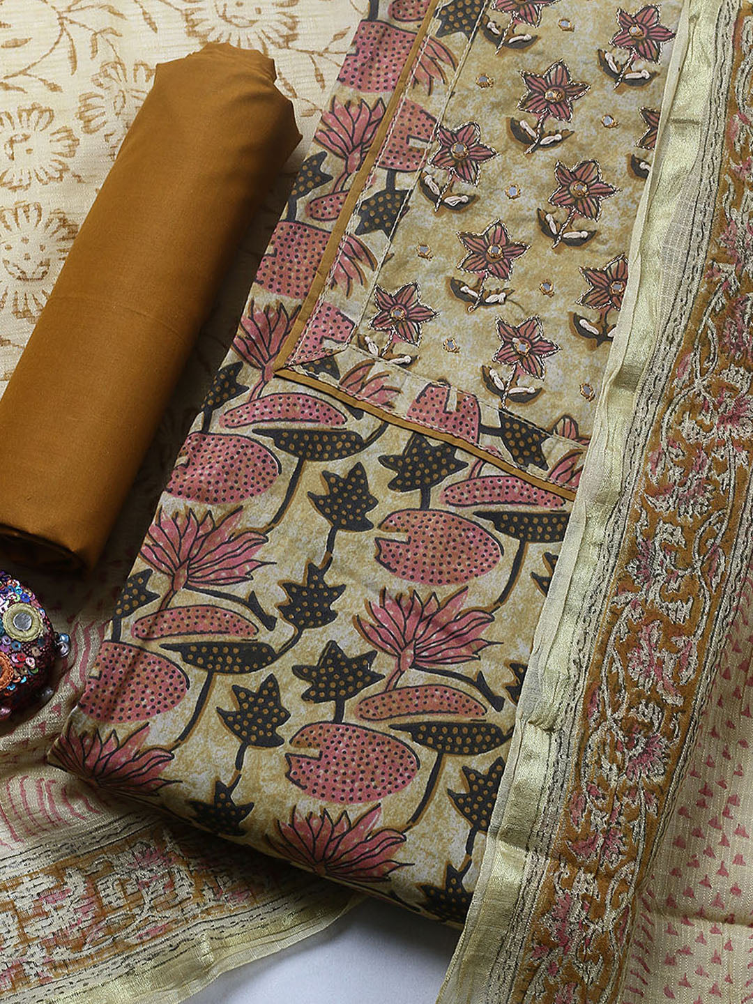 Printed Cotton Blend Unstitched Suit With Pant &amp; Dupatta
