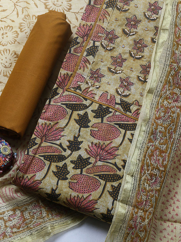 Printed Cotton Blend Unstitched Suit With Pant &amp; Dupatta