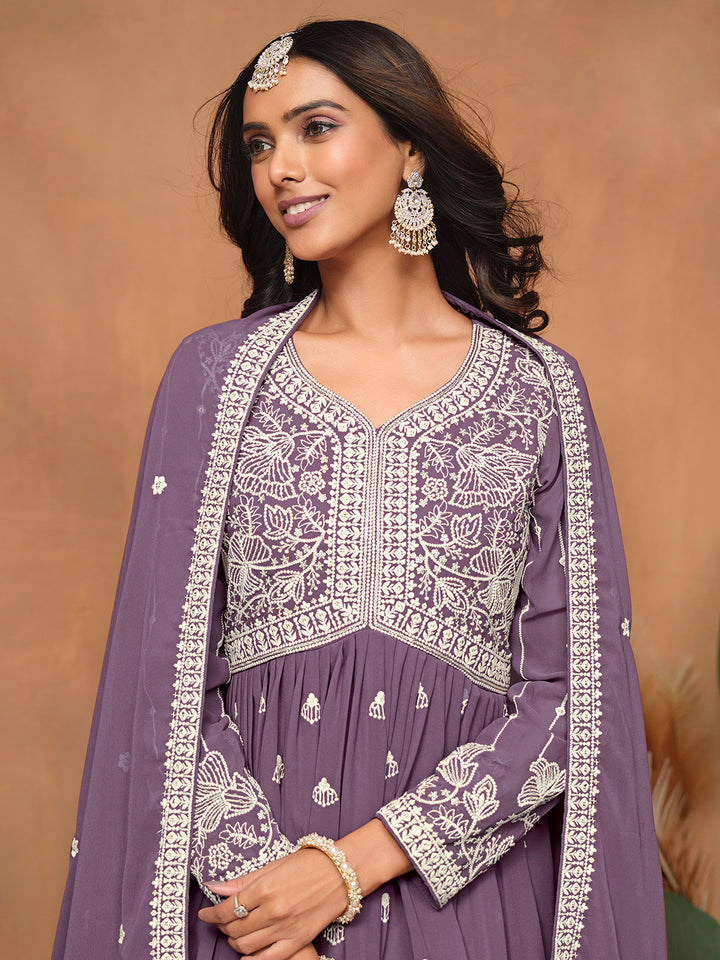 Embroidered Georgette Semi Stitched Kurta With Sharara &amp; Dupatta