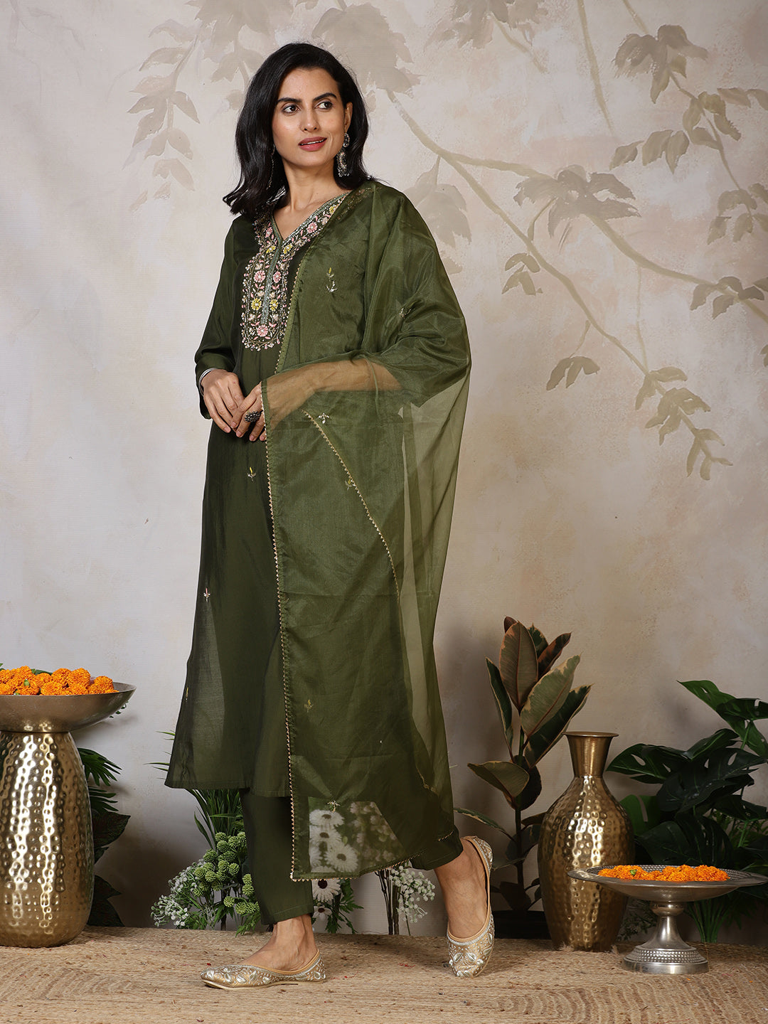 Embroidered Cotton Blend Kurta With Pants & Dupatta
