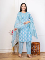 Embroidered Cotton Blend Kurta With Pant & Dupatta