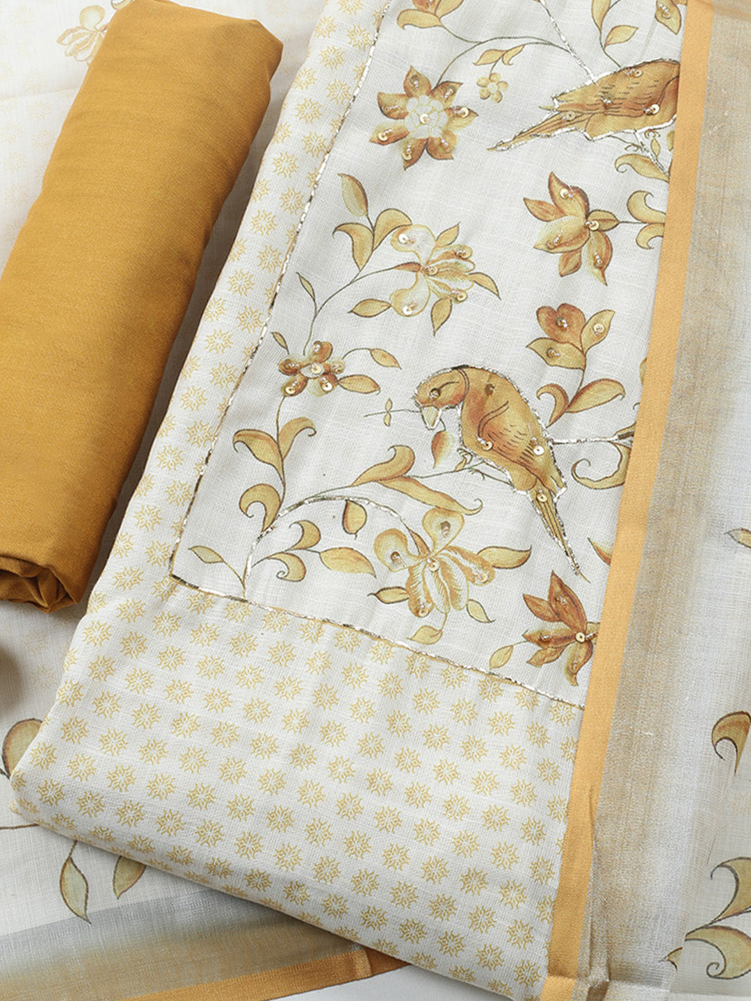 Printed Linen Blend Unstitched Suit With Pant &amp; Dupatta
