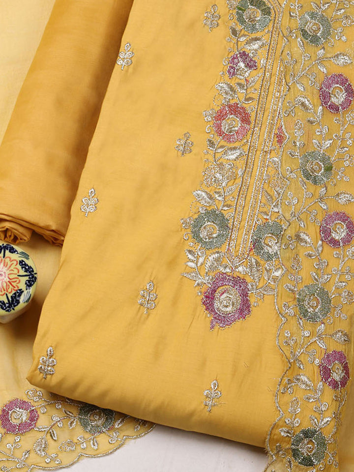 Embroidered Chanderi Unstitched Suit With Pant &amp; Dupatta