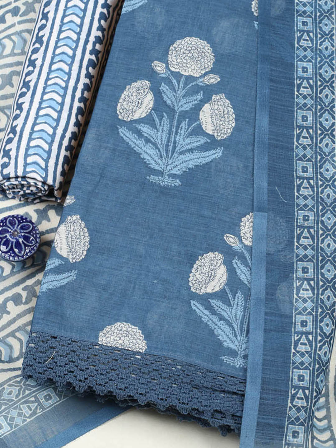 Printed Cotton Blend Unstitched Suit With Pant &amp; Dupatta