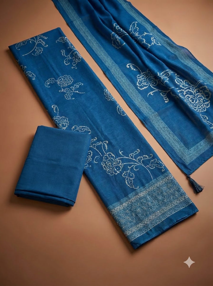 Blue Chanderi Printed Unstitched Dress Material