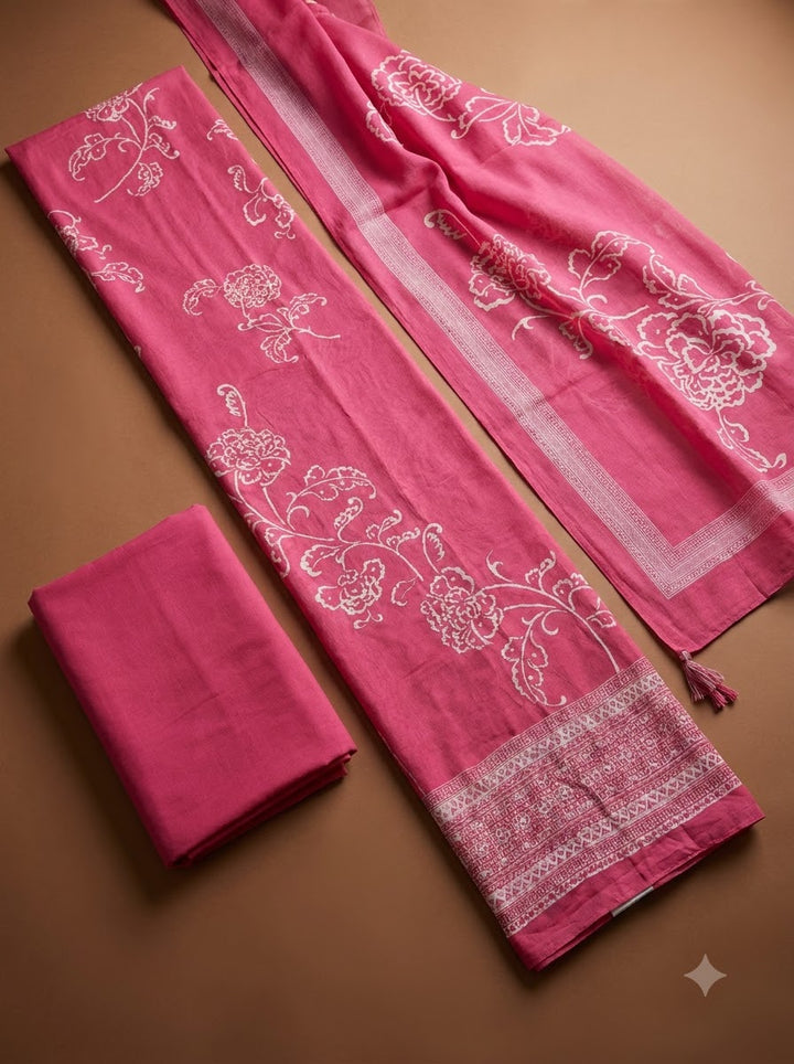 Pink Chanderi Printed Unstitched Dress Material