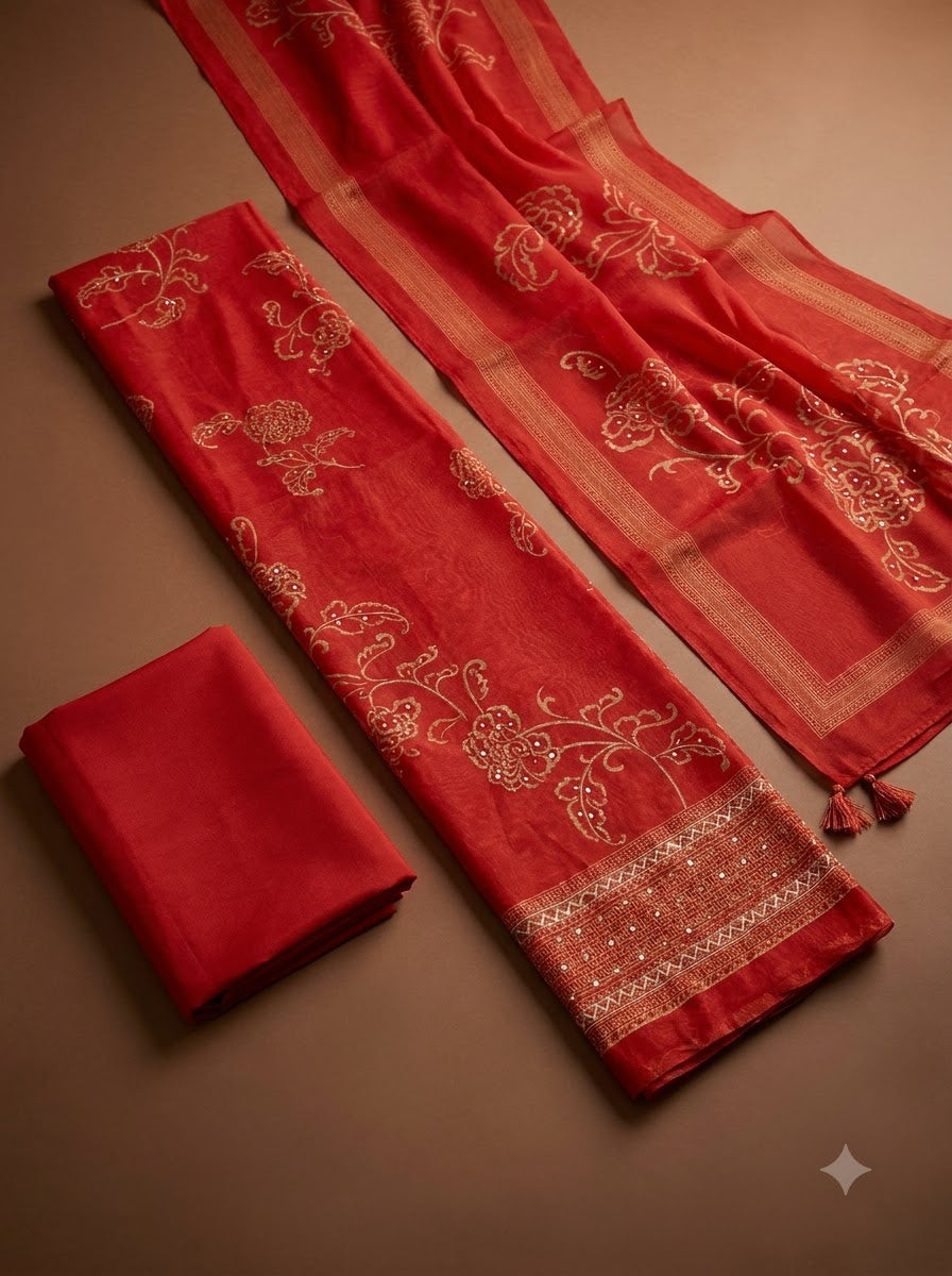 Red Chanderi Printed Unstitched Dress Material