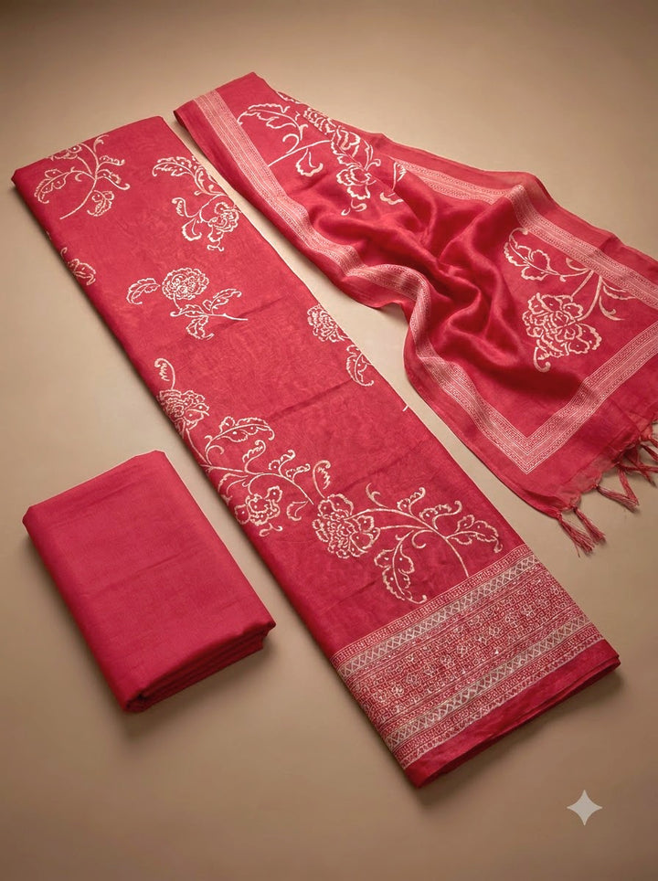 Hot Pink Chanderi Printed Unstitched Dress Material