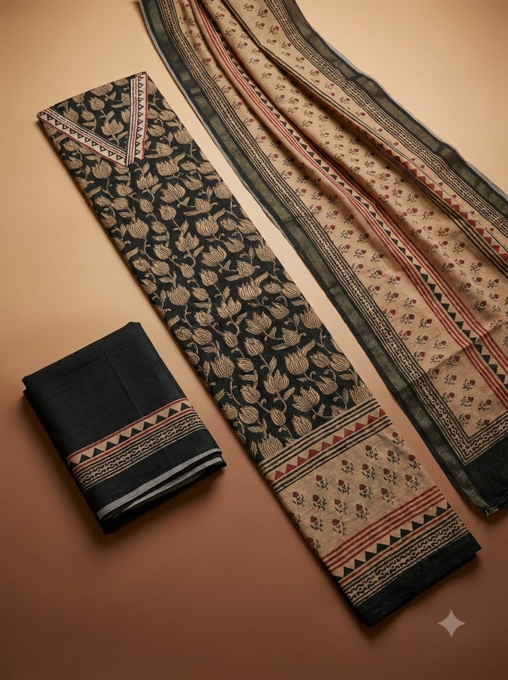 Black Chanderi Printed Unstitched Dress Material