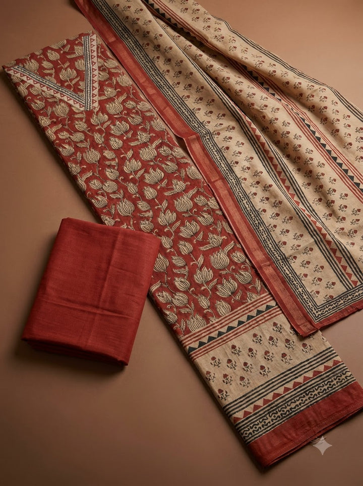 Maroon Chanderi Printed Unstitched Dress Material