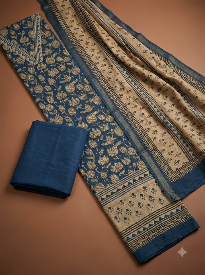 Blue Chanderi Printed Unstitched Dress Material