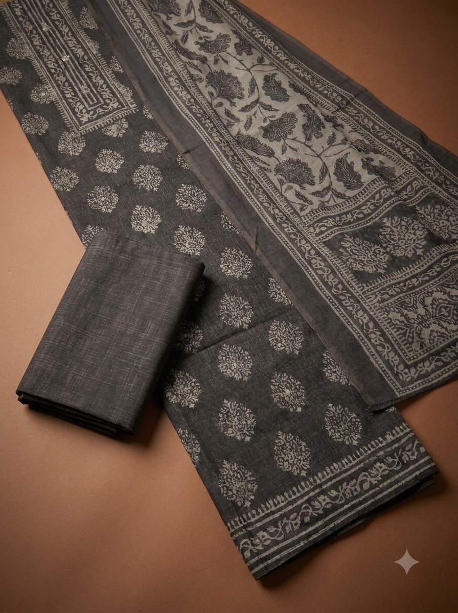 Grey Chanderi Embroidered Unstitched Dress Material