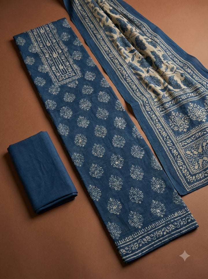 Navy Blue Chanderi Embroidered Unstitched Dress Material