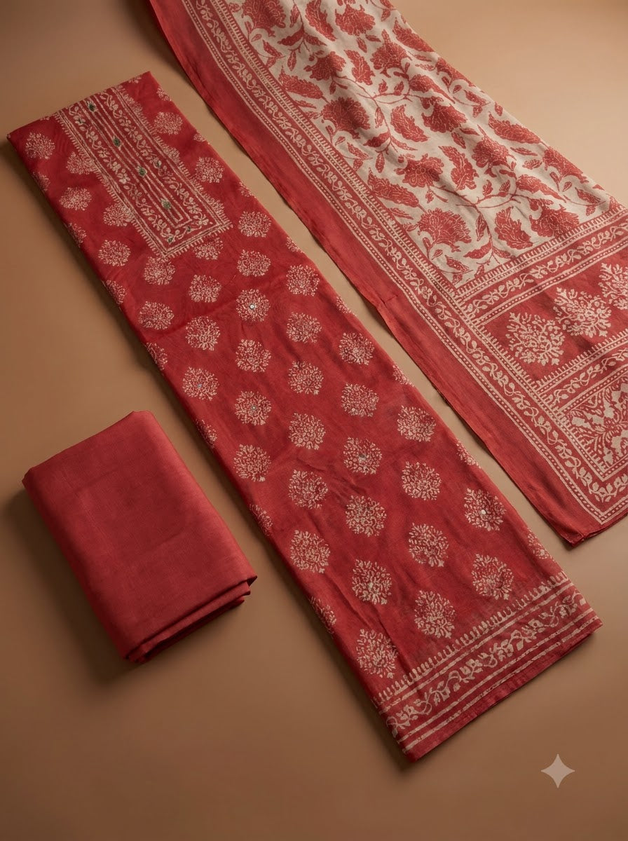 Hot Pink Chanderi Embroidered Unstitched Dress Material
