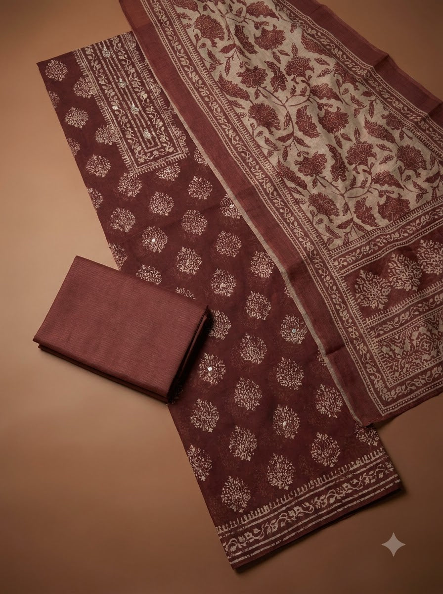 Maroon Chanderi Embroidered Unstitched Dress Material