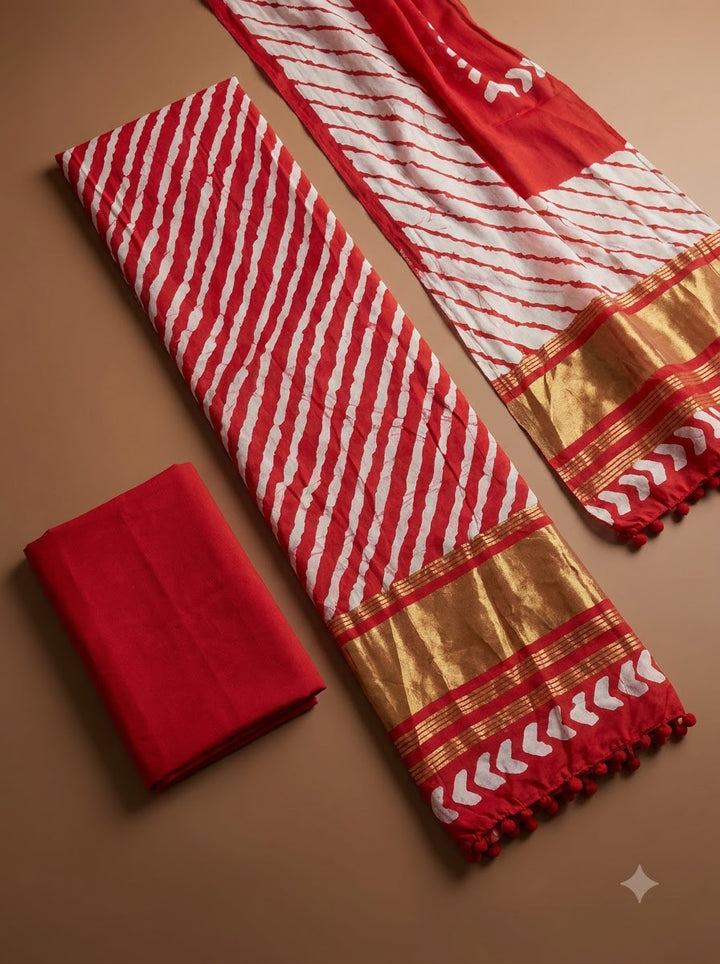 Red Cotton Blend Printed Unstitched Dress Material