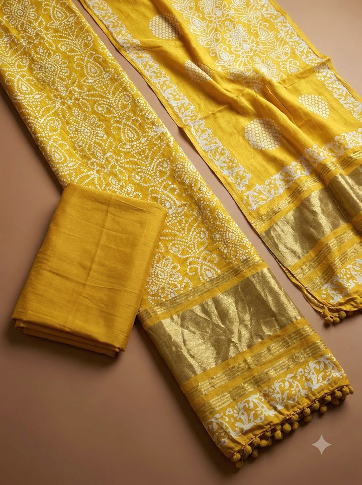 Yellow Cotton Blend Printed Unstitched Dress Material