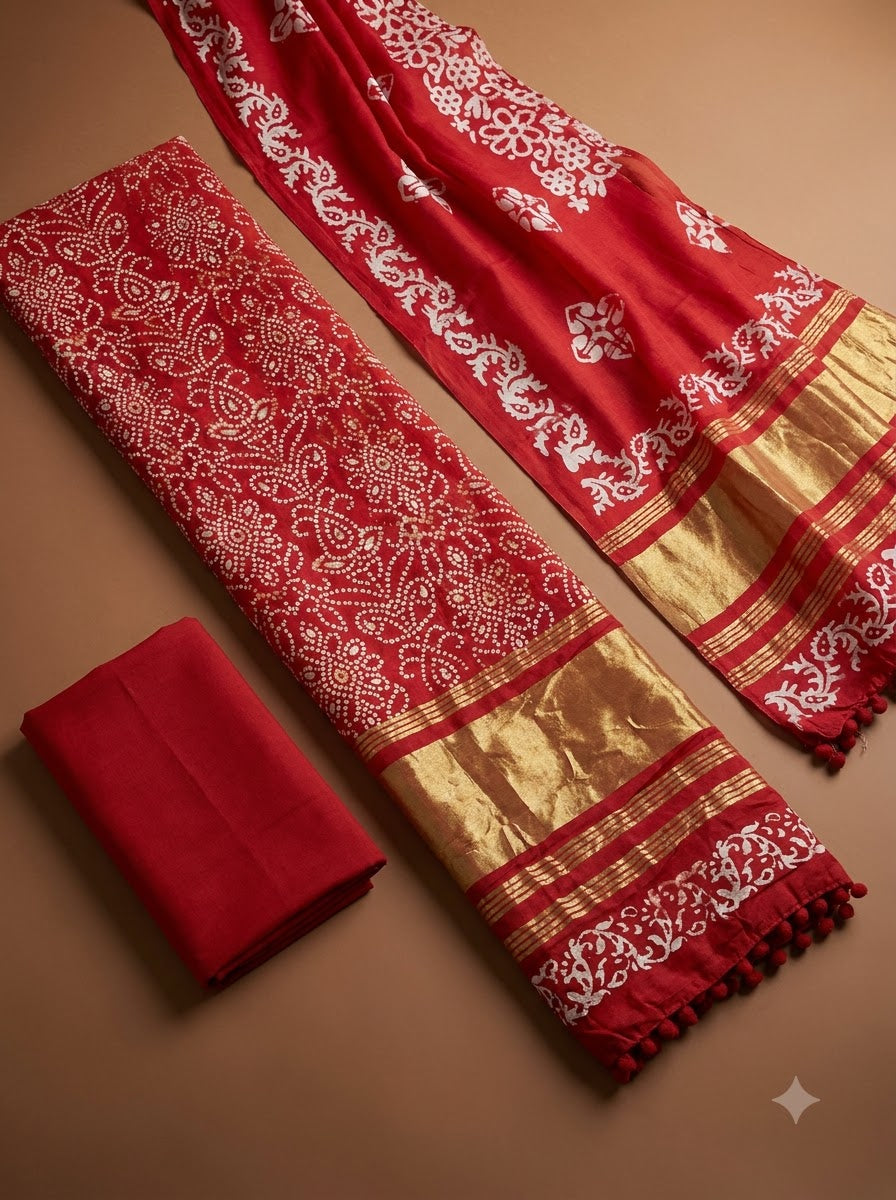 Red Cotton Blend Printed Unstitched Dress Material