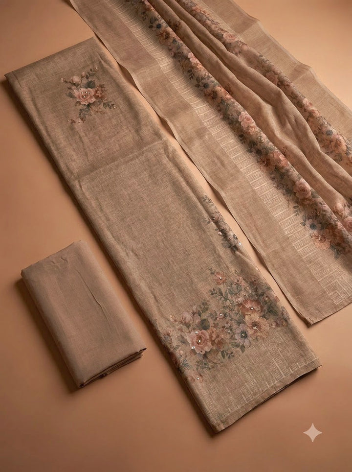 Beige Linen Blend Printed Unstitched Dress Material