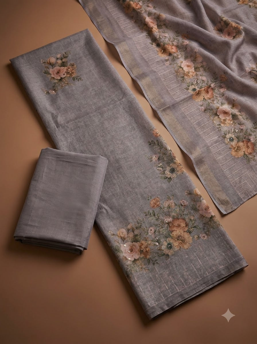 Mauve Linen Blend Printed Unstitched Dress Material