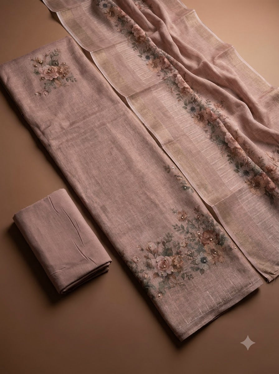 Onion Pink Linen Blend Printed Unstitched Dress Material