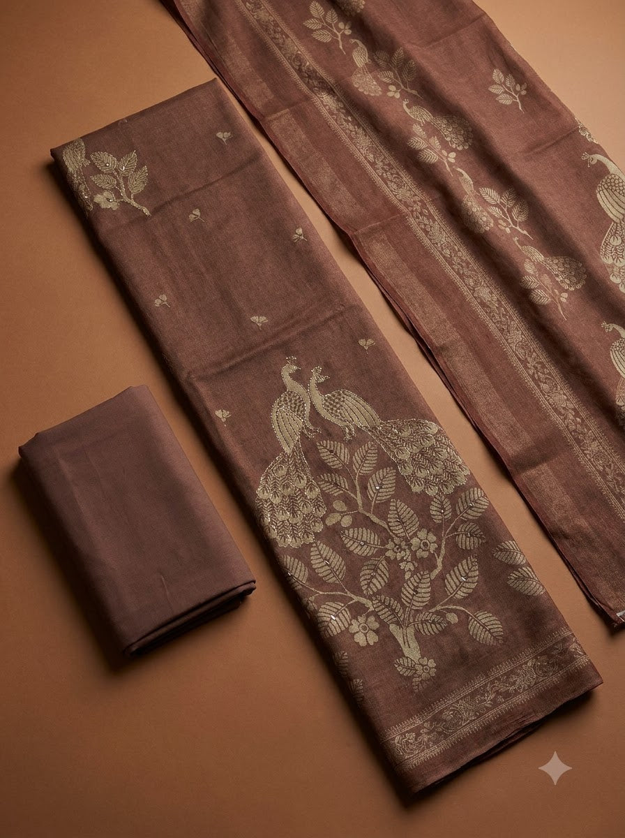 Brown Linen Blend Printed Unstitched Dress Material