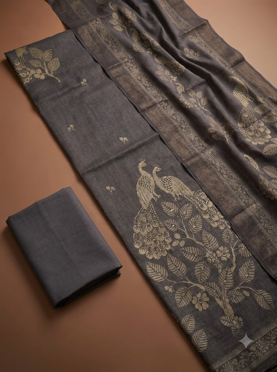 Grey Linen Blend Printed Unstitched Dress Material