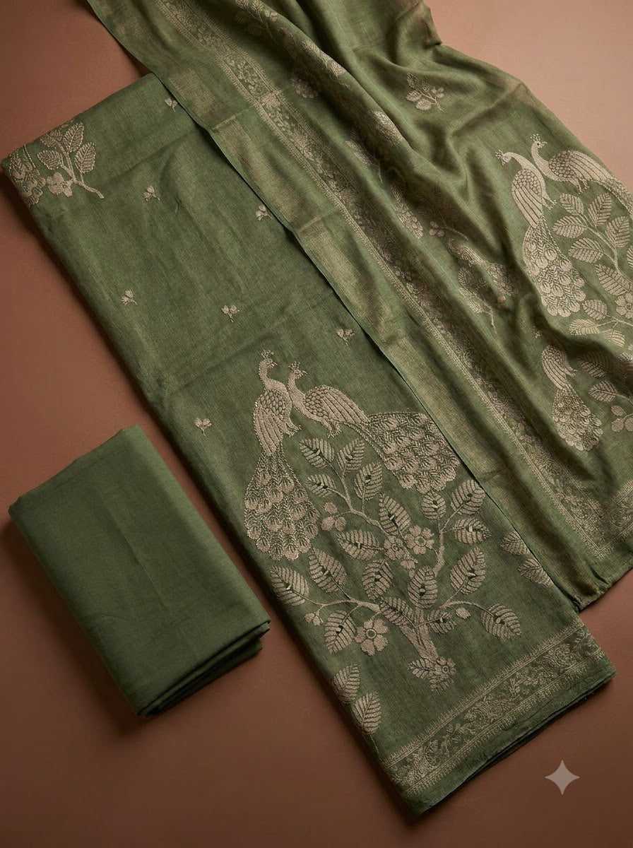 Green Linen Blend Printed Unstitched Dress Material