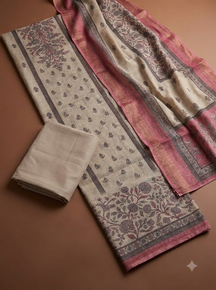 Onion Pink Linen Blend Printed Unstitched Dress Material