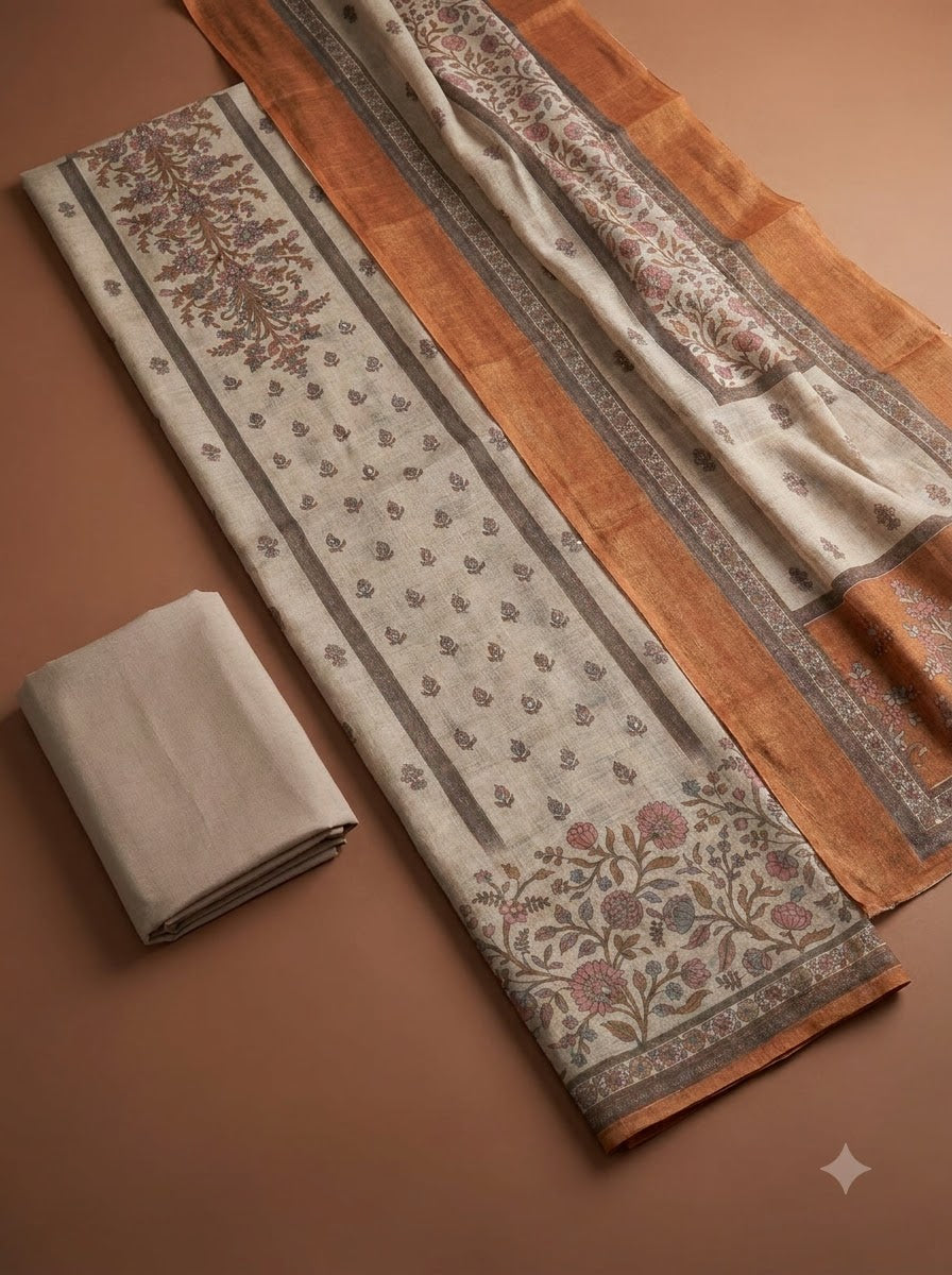 Rust Linen Blend Printed Unstitched Dress Material