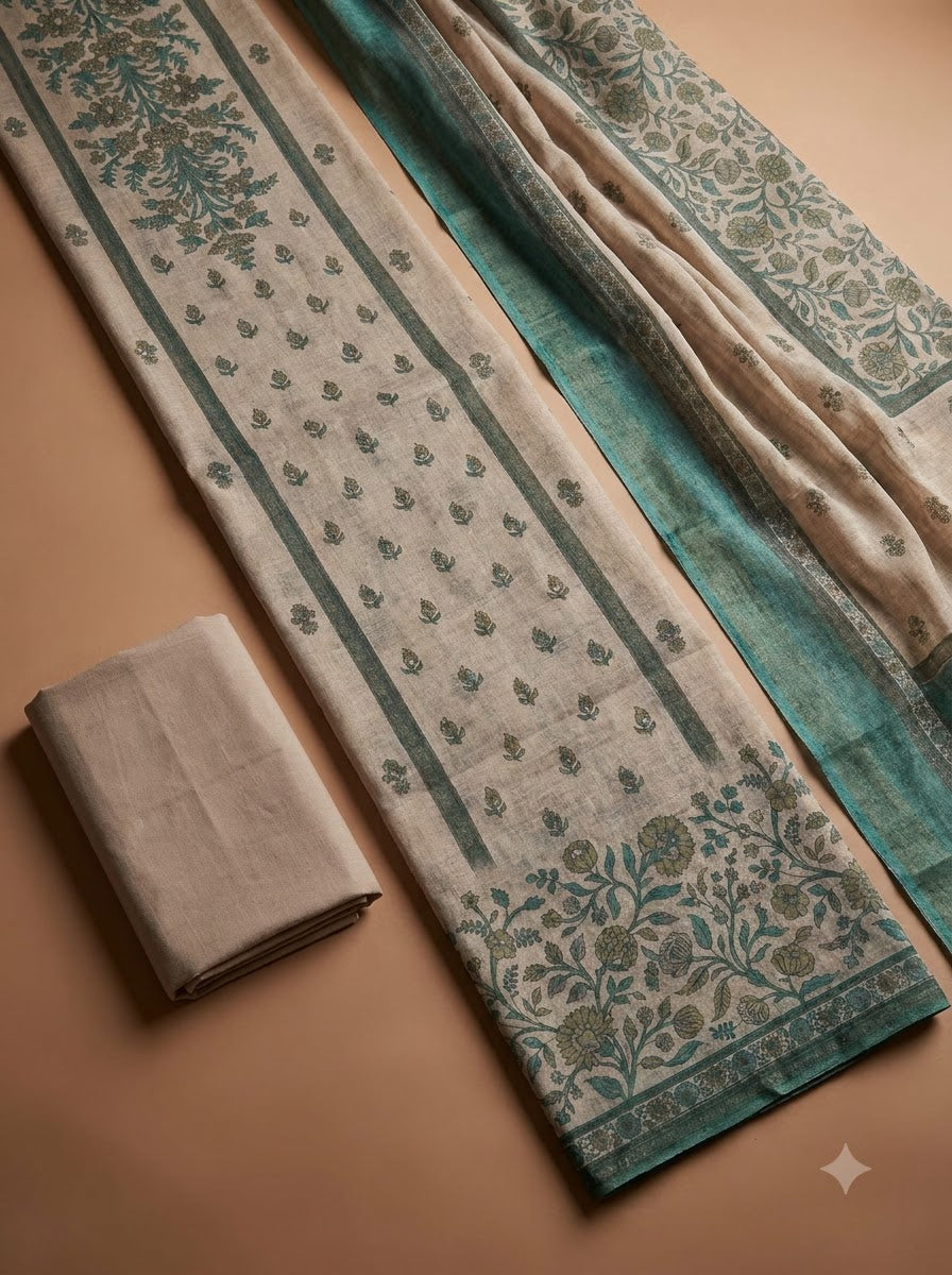 Rama Green Linen Blend Printed Unstitched Dress Material