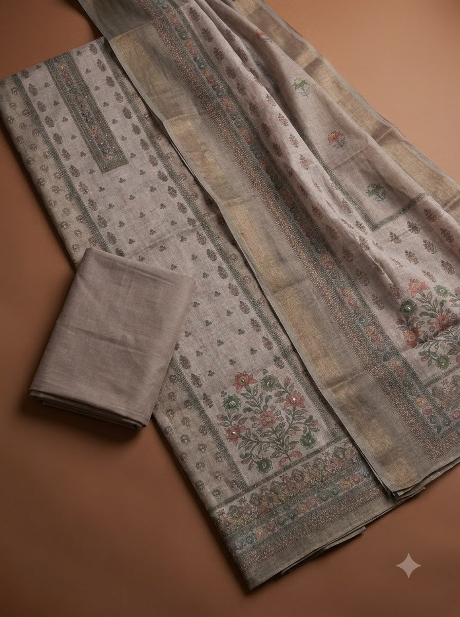 Beige Linen Blend Embroidered Unstitched Dress Material
